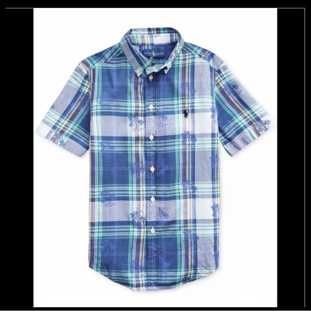 Polo by Ralph Lauren Navy & Teal Plaid Short-Sleeve Button-Down Shirt Size L(
